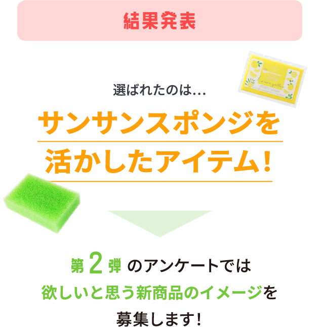 結果発表選ばれたのは…サンサンスポンジを活かしたアイテム!第2弾のアンケートでは欲しいと思う新商品のイメージを募集します!